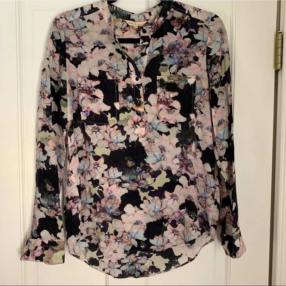 Rebecca Taylor Floral Silk Popover Long Sleeve Top